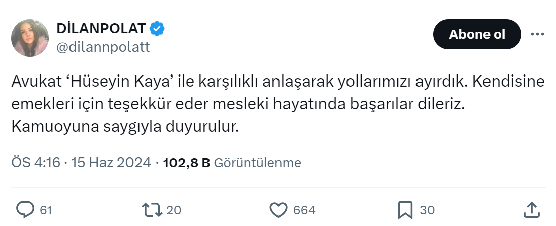Dilan Polat, avukat Hüseyin Kaya ile yollarını ayırdı 2 Dilan Polat, avukat Hüseyin Kaya ile yollarını ayırdı
