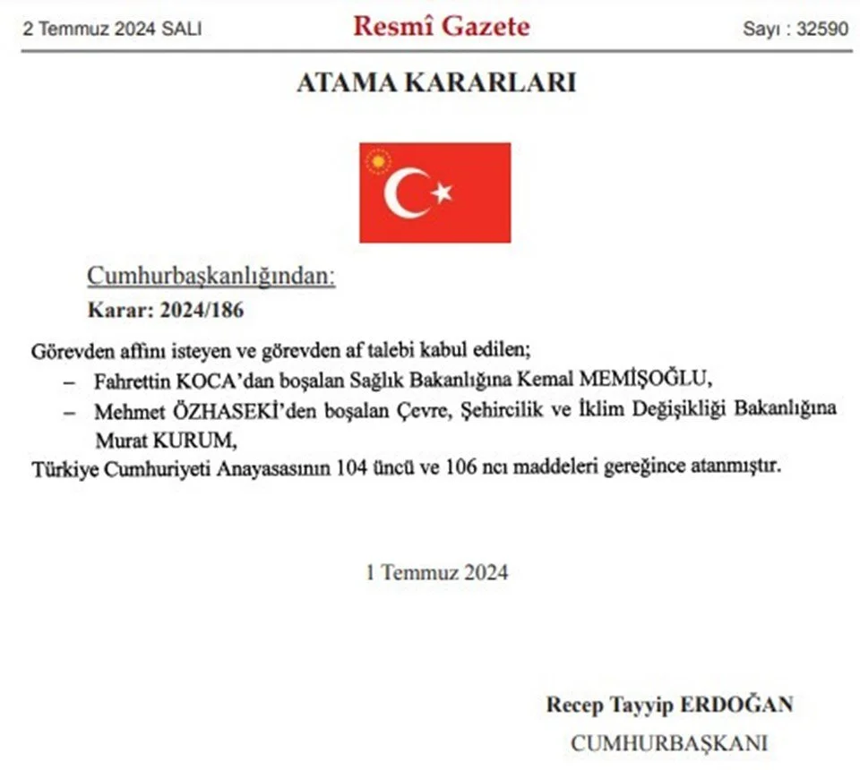 Kabinede iki bakan değişti; Koca ve Özhaseki görevi bıraktı 2 Kabinede iki bakan değişti; Koca ve Özhaseki görevi bıraktı