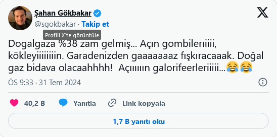 Doğalgaz zammına Şahan’dan kinayeli tepki: Garadenizden gaaaaaaaz fışkıracaaak!