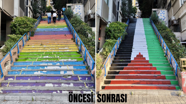 Cihangir’deki merdivenden Filistin bayrağı renkleri kaldırıldı 2 Cihangir’deki merdivenden Filistin bayrağı renkleri kaldırıldı