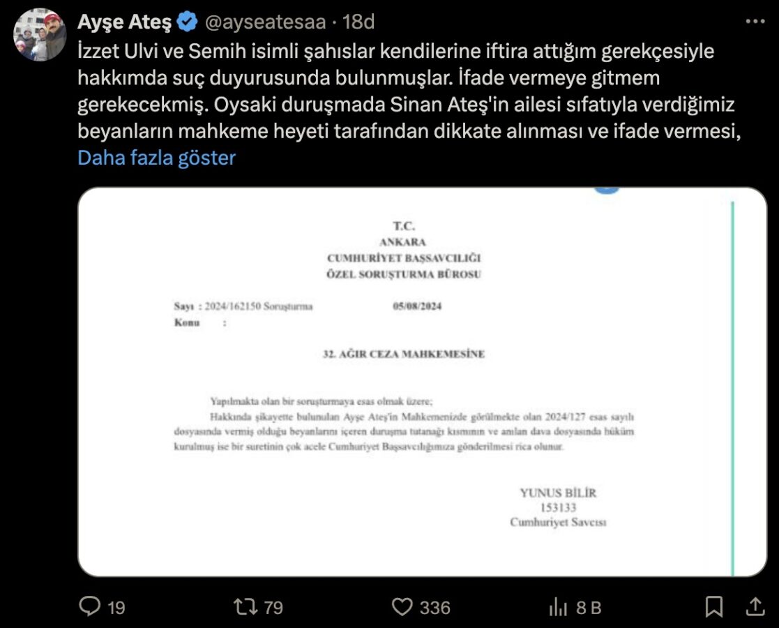 Semih Yalçın ve İzzet Ulvi Yönter’den Ayşe Ateş hakkında suç duyurusu
