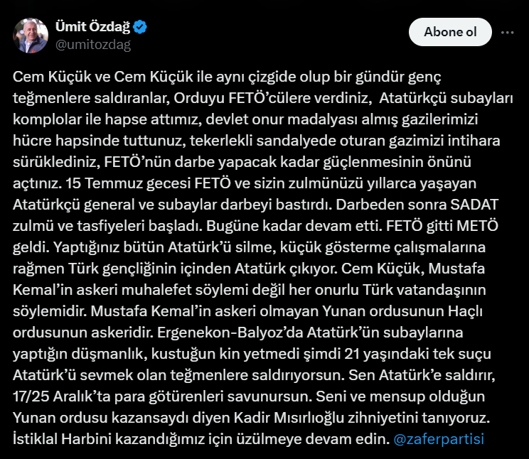 Ümit Özdağ'dan Cem Küçük'e sert tepki: FETÖ gitti, METÖ geldi