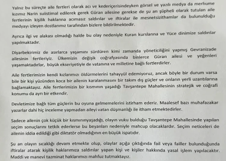 Bu açıklamayı kim yazdı? Narin’in ailesi ‘karalamaları’ dış güçlere bağladı 1 Bu açıklamayı kim yazdı? Narin’in ailesi ‘karalamaları’ dış güçlere bağladı