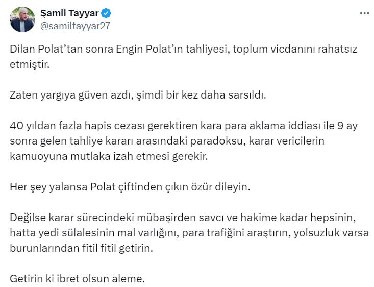 Tayyar’dan Engin Polat'ın tahliyesine tepki: Ya özür dileyin, ya mal varlıklarını araştırın! 4 Tayyar’dan Engin Polat'ın tahliyesine tepki: Ya özür dileyin, ya mal varlıklarını araştırın!