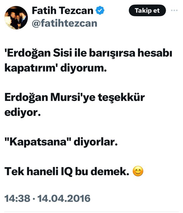 Fatih Tezcan yeniden gündem oldu: “Sisi ile barışırsa hesabı kapatırım” demişti 4 Fatih Tezcan yeniden gündem oldu: “Sisi ile barışırsa hesabı kapatırım” demişti