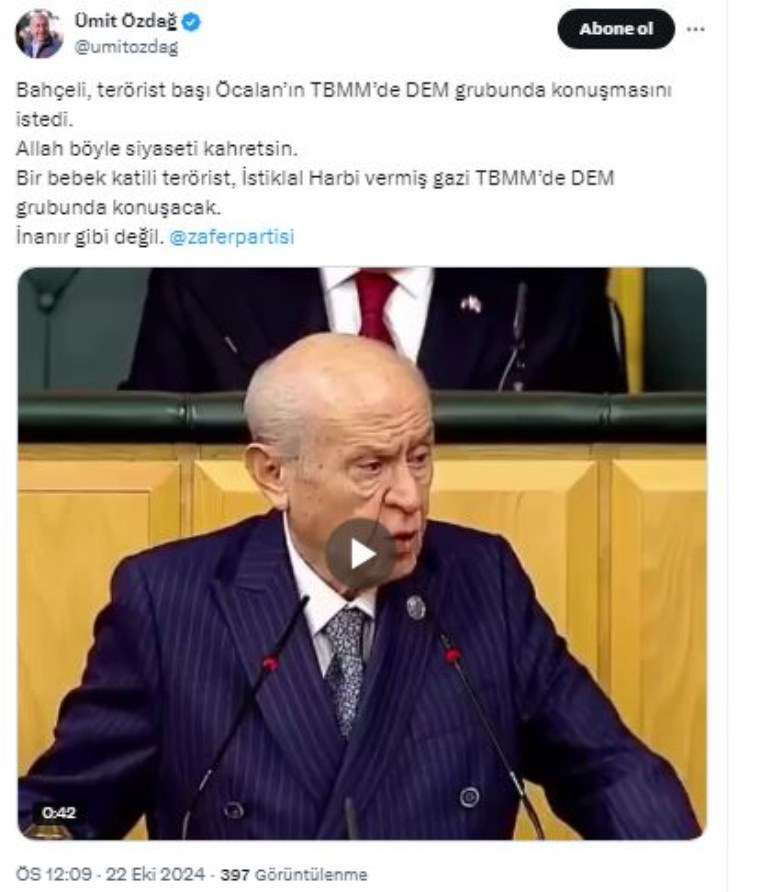 Ümit Özdağ'dan Bahçeli'ye Öcalan tepkisi: Allah böyle siyaseti kahretsin! 2 Ümit Özdağ'dan Bahçeli'ye Öcalan tepkisi: Allah böyle siyaseti kahretsin!