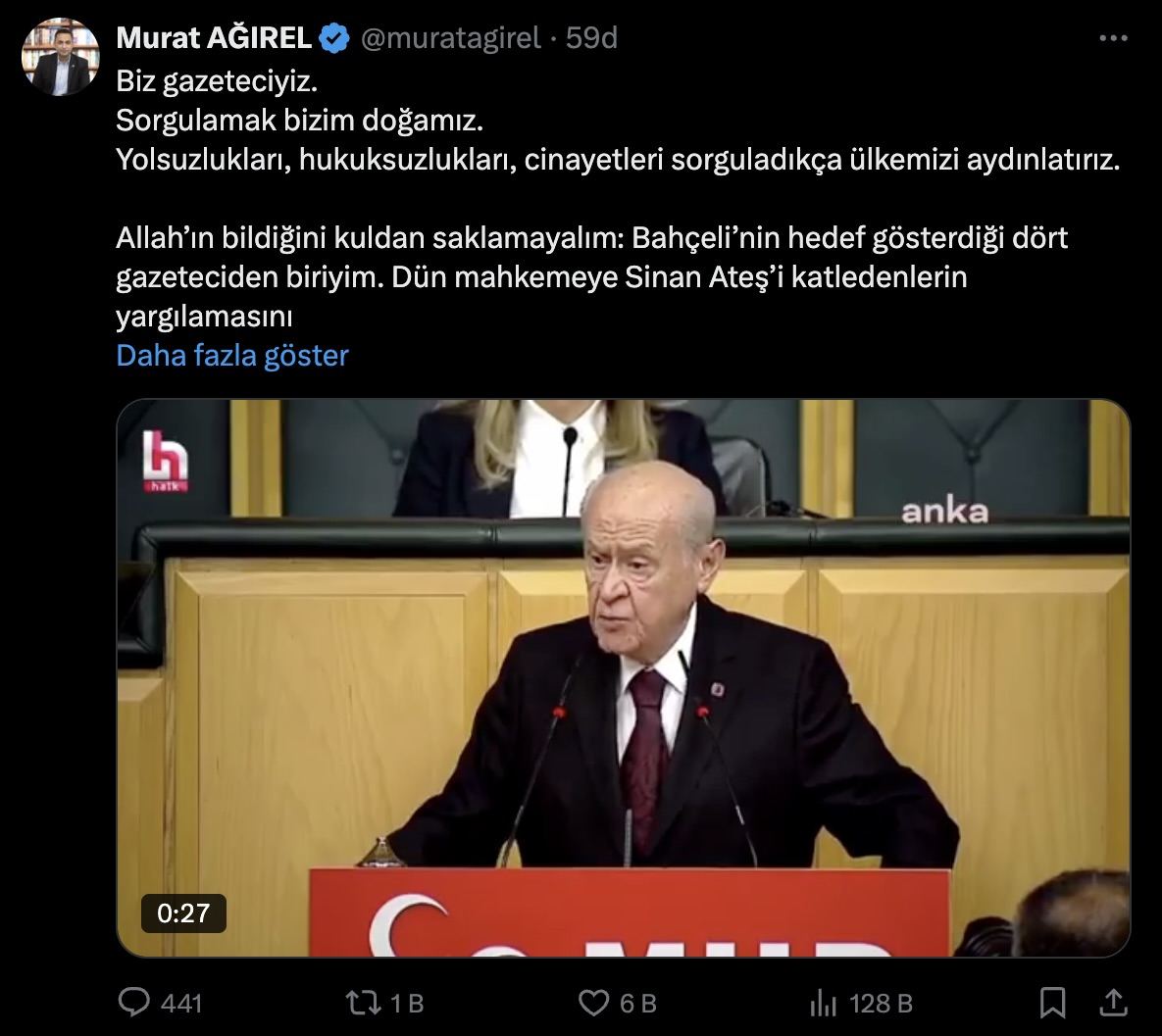 Gazetecilerden Bahçeli'ye cevap: Sinan Ateş’in katillerinin yargılanmasından neden rahatsız oluyorsunuz? 3 Gazetecilerden Bahçeli'ye cevap: Sinan Ateş’in katillerinin yargılanmasından neden rahatsız oluyorsunuz?