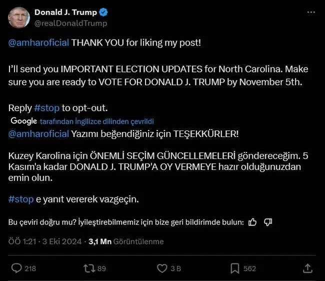 Trump adresi şaşırdı, Türk kullanıcıyı etiketleyip oy istedi!