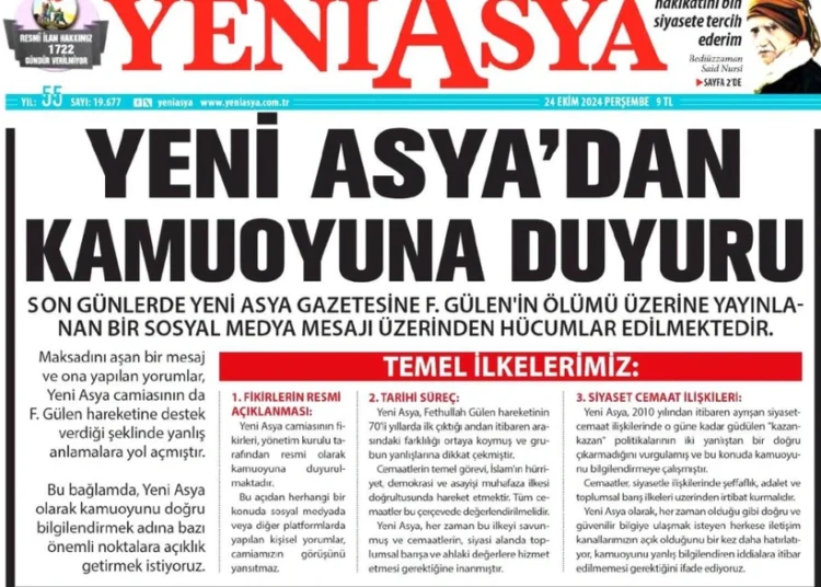 Yeni Asya Gazetesi'nden 'Gülen' açıklaması: Yanlış anlaşıldık 1 Yeni Asya Gazetesi’nden ‘Gülen’ açıklaması: Yanlış anlaşıldık