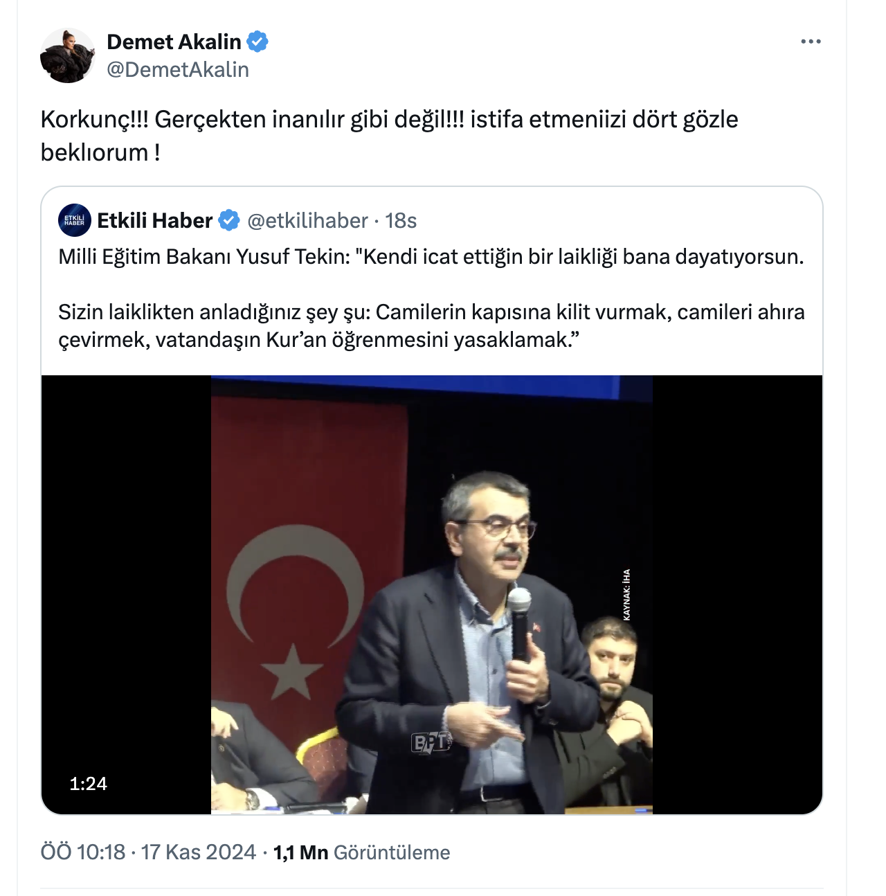 Demet Akalın'dan Yusuf Tekin'e tepki: 'İstifa etmenizi dört gözle bekliyorum'