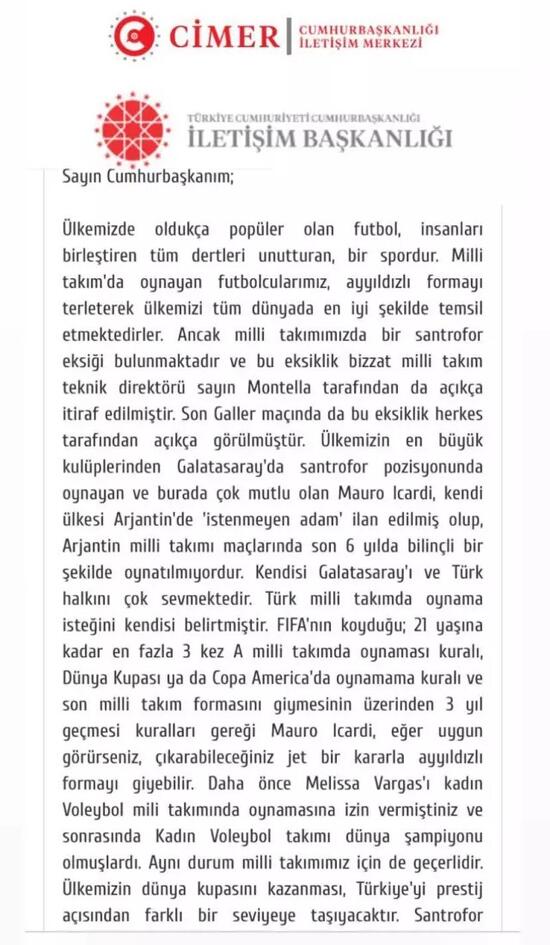 Mauro Icardi'nin Türk milli takımda oynaması için CİMER'e dilekçe yazıldı 2 Mauro Icardi'nin Türk milli takımda oynaması için CİMER'e dilekçe yazıldı