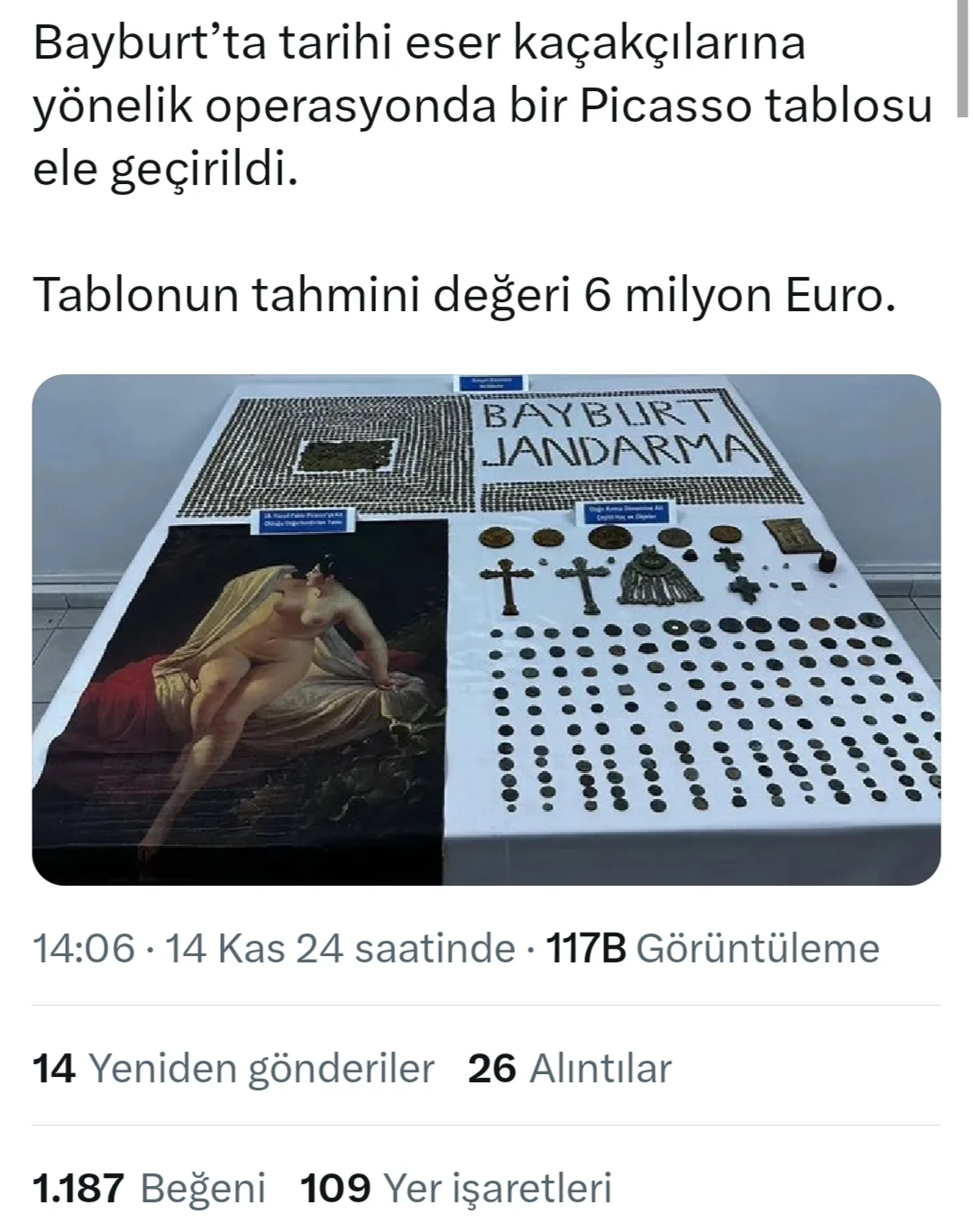Bayburt’ta ele geçirilen tablo Pablo Picasso’nun değil!