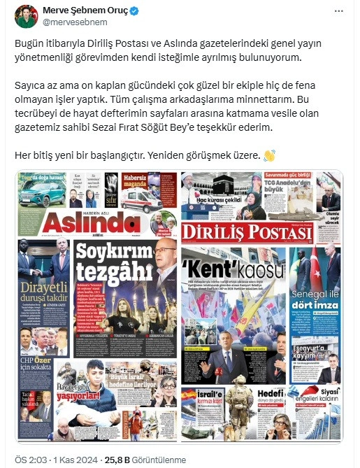 Diriliş Postası Genel Yayın Yönetmeni Merve Şebnem Oruç, istifa etti 3 Diriliş Postası Genel Yayın Yönetmeni Merve Şebnem Oruç, istifa etti