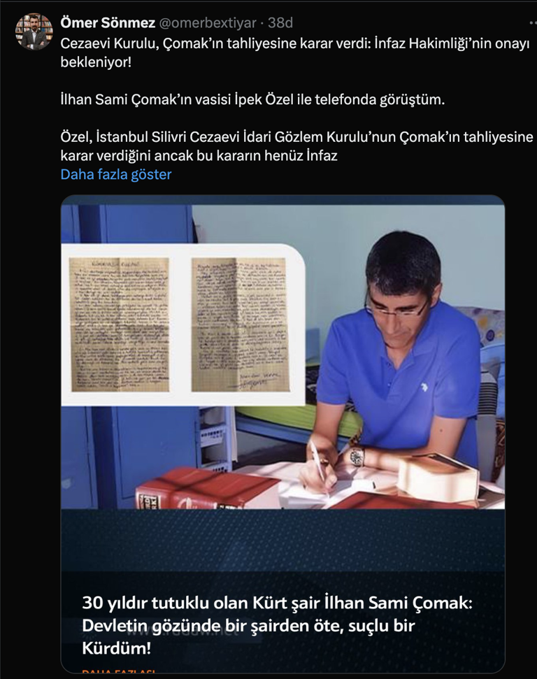 30 yıldır cezaevinde olan Şair İlhan Çomak hakkında tahliye kararı 2 30 yıldır cezaevinde olan Şair İlhan Çomak hakkında tahliye kararı