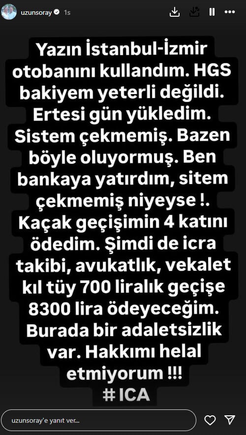 Şoray Uzun'un HGS isyanı: 700 liralık geçişe 8 bin 300 lira ödeyeceğim! Hakkımı helal etmiyorum 2 Şoray Uzun'un HGS isyanı: 700 liralık geçişe 8 bin 300 lira ödeyeceğim! Hakkımı helal etmiyorum