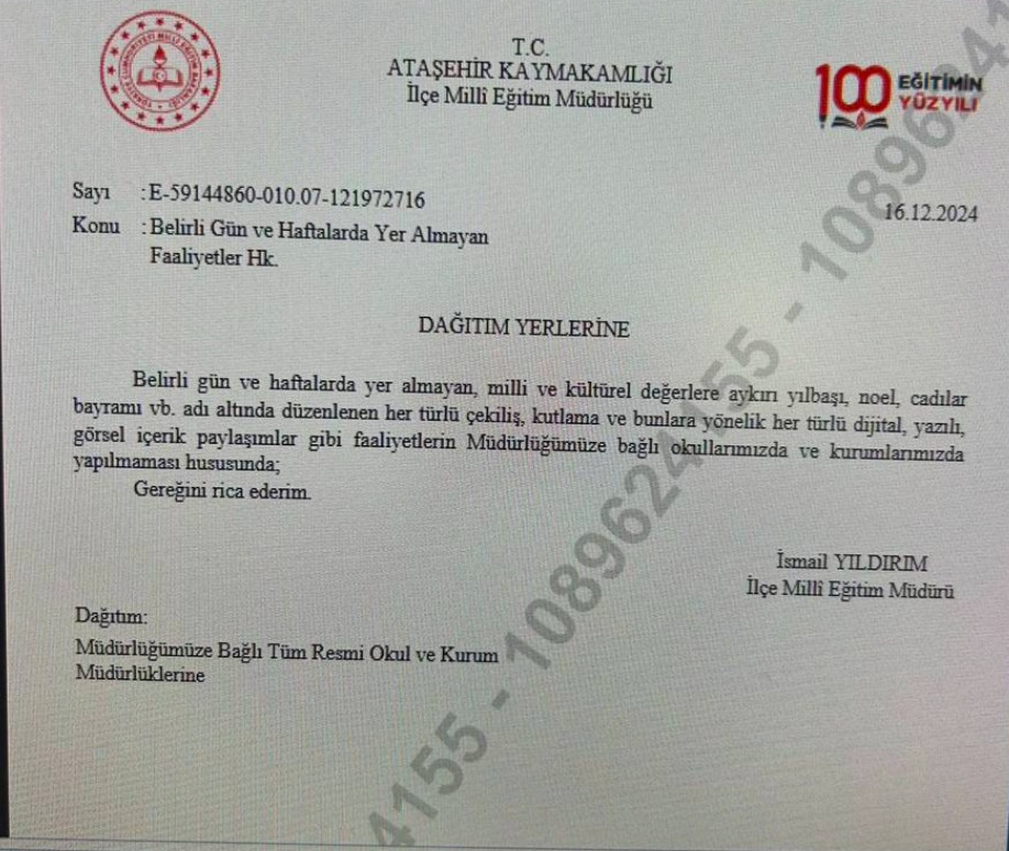 Ataşehir'deki okullarda yılbaşı kutlamaları yasaklandı 2 Ataşehir'deki okullarda yılbaşı kutlamaları yasaklandı
