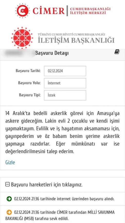 CİMER'e bedelli askerlik için ilginç başvuru: 'Benim yerime babam ve kayınpederim gitsin' 2 CİMER'e bedelli askerlik için ilginç başvuru: 'Benim yerime babam ve kayınpederim gitsin'