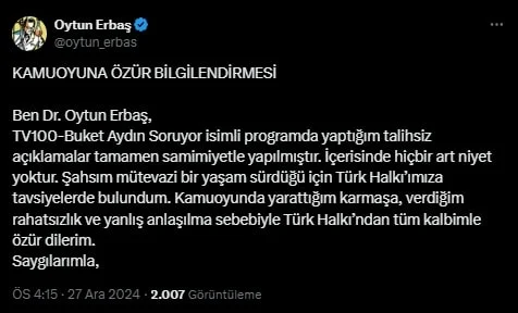 Oytun Erbaş, asgari ücret sözleri için özür diledi