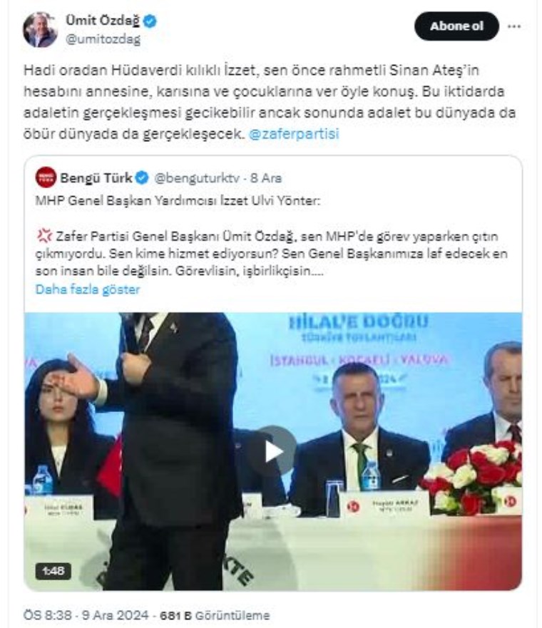 Ümit Özdağ, kendisine sataşan MHP'li İzzet Ulvi Yönter’e Sinan Ateş cinayetini hatırlattı