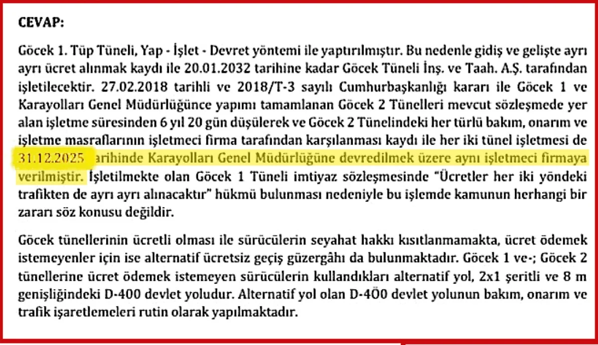 Yıl sonunda devlete geçmesi gereken Göcek tünellerinin devri gizlice 2030’a ertelenmiş 2 Yıl sonunda devlete geçmesi gereken Göcek tünellerinin devri gizlice 2030’a ertelenmiş