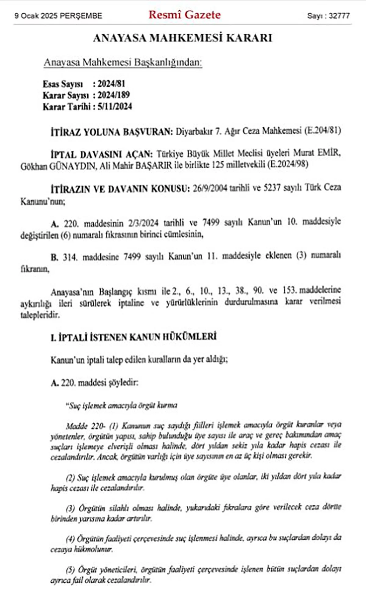 AYM, ‘Örgüt adına suç işleme’ düzenlemelerini iptal etti 3 AYM, ‘Örgüt adına suç işleme’ düzenlemelerini iptal etti