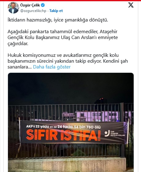 'Sıfır istifa' pankartı asan CHP Gençlik Kolları Başkanı emniyete çağrıldı