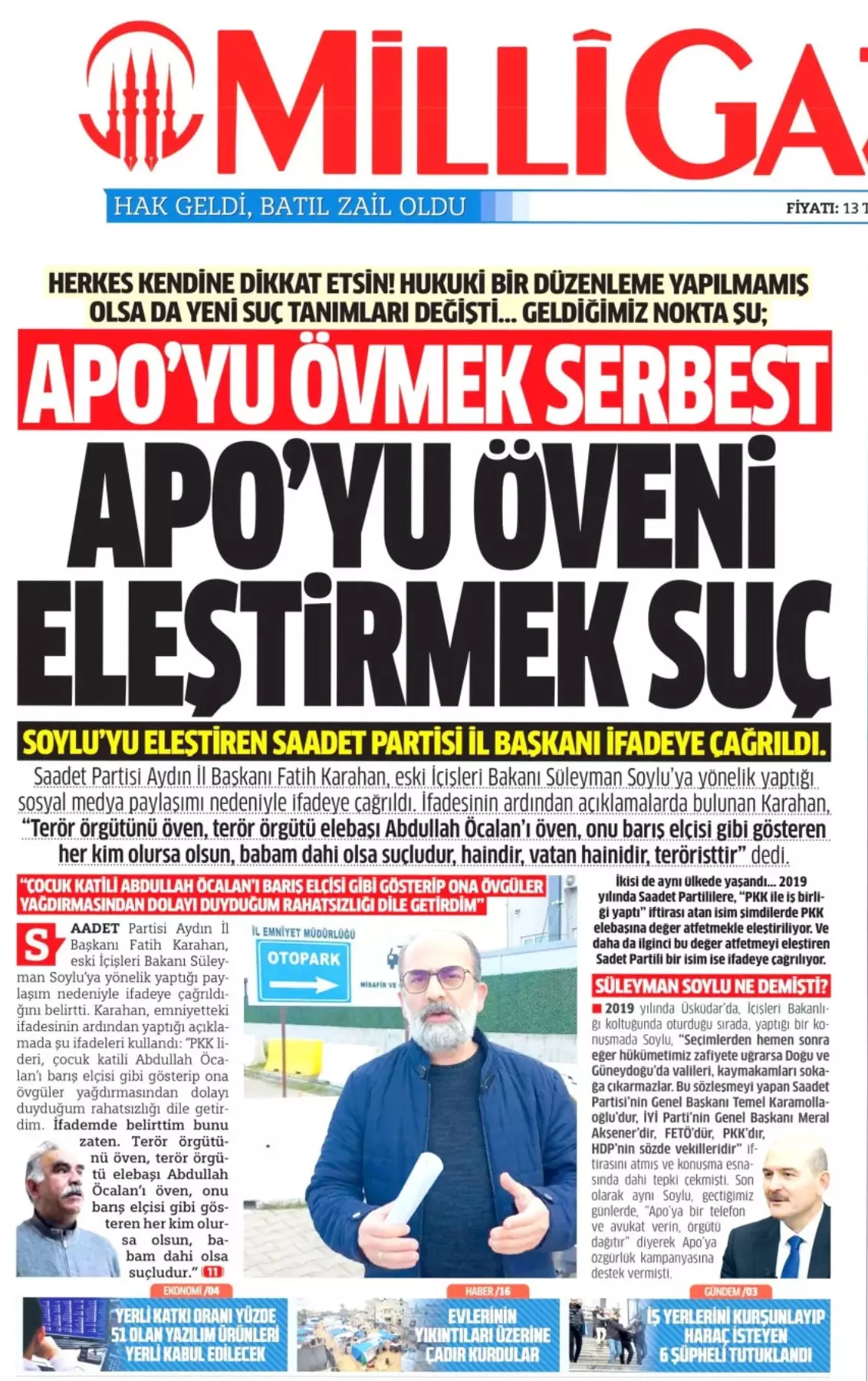 Süleyman Soylu'dan Milli Gazete'nin manşetine sert tepki