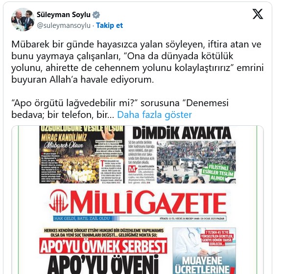 Süleyman Soylu'dan Milli Gazete'nin manşetine sert tepki