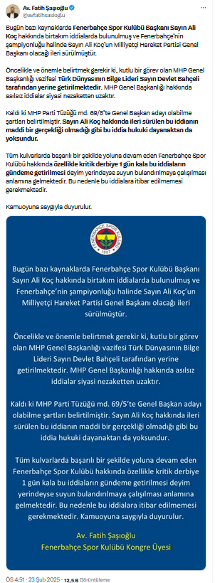 Ali Koç'un MHP genel başkanı olacağı iddiasına Fenerbahçe'den cevap