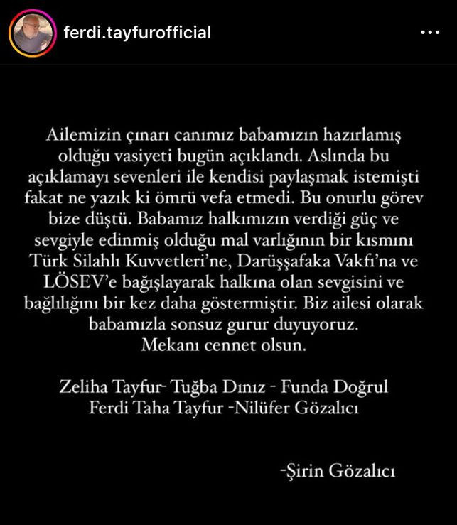 Ferdi Tayfur'un vasiyeti açıklandı: Mal varlığının büyük kısmını vakıflara bıraktı 2 Ferdi Tayfur'un vasiyeti açıklandı: Mal varlığının büyük kısmını vakıflara bıraktı