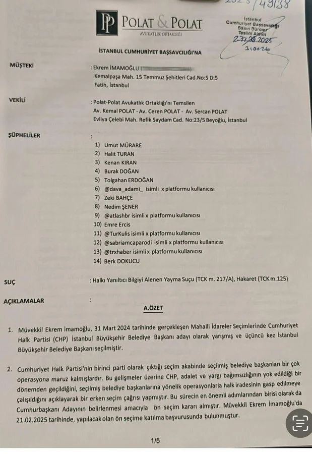 Ekrem İmamoğlu, 14 kişi hakkında 'halkı yanıltıcı bilgiyi alenen yayma ve hakaret' iddiasıyla suç duyurusunda bulundu 2 Ekrem İmamoğlu, 14 kişi hakkında 'halkı yanıltıcı bilgiyi alenen yayma ve hakaret' iddiasıyla suç duyurusunda bulundu