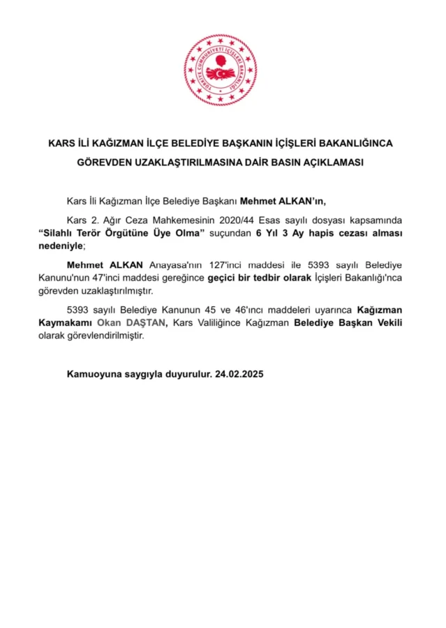 Kağızman'a kayyım! Hapis cezası alan Alkan'ın yerine Kaymakam Daştan atandı