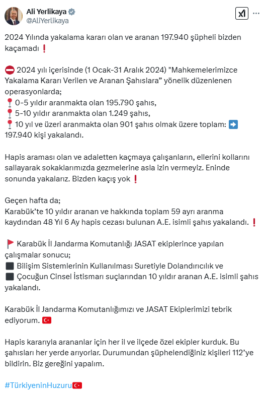 2024 yılında ‘yakalama kararı olan ve aranan’ 197 bin 940 şüpheli yakalandı 2 2024 yılında ‘yakalama kararı olan ve aranan’ 197 bin 940 şüpheli yakalandı
