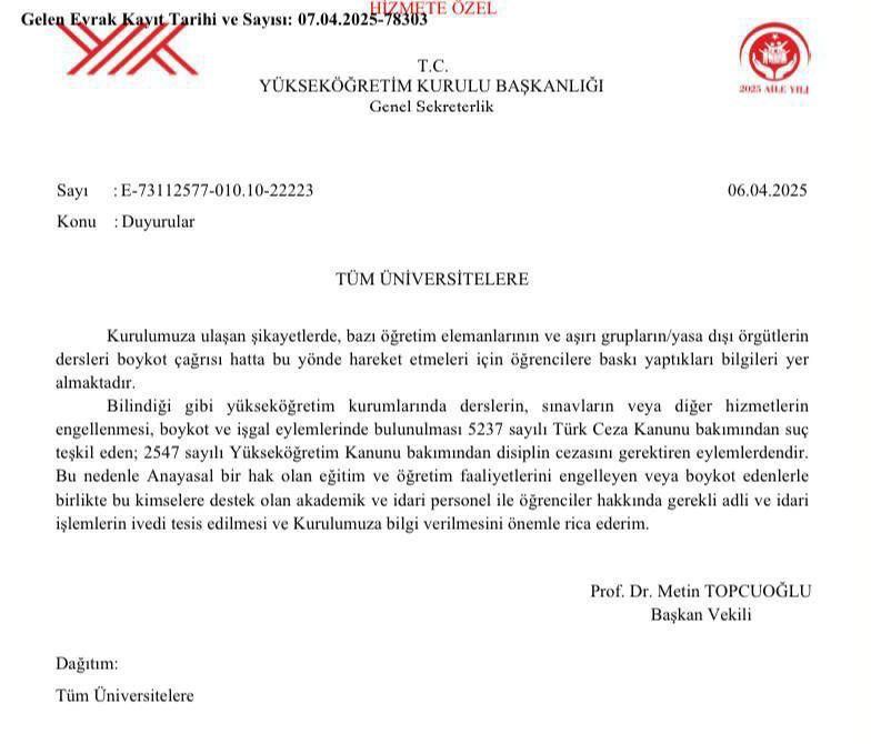 YÖK'ten 'boykot' talimatı: Akademisyen ve öğrenciler hakkında işlem başlatılacak 2 YÖK'ten 'boykot' talimatı: Akademisyen ve öğrenciler hakkında işlem başlatılacak