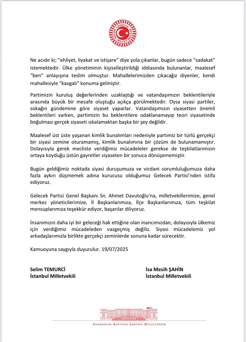 Gelecek Partisi'nde iki milletvekili istifa etti 3 Gelecek Partisi'nde iki milletvekili istifa etti