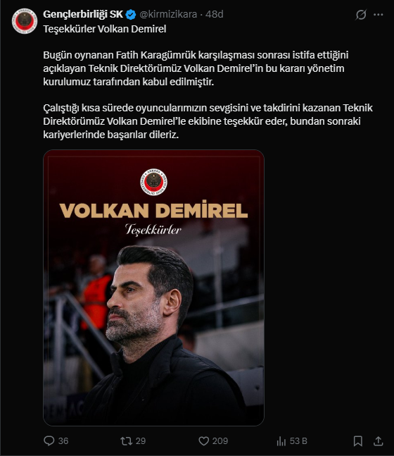 Gençlerbirliği'nde Volkan Demirel dönemi sona erdi 2 Gençlerbirliği'nde Volkan Demirel dönemi sona erdi